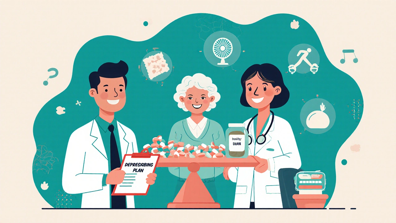 A doctor and pharmacist help a woman reduce unnecessary medications on a balanced scale.
