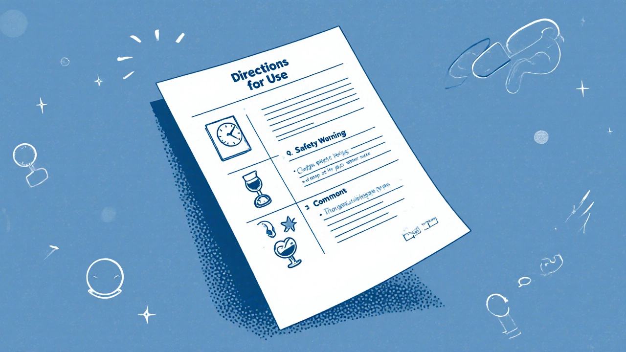 A simplified Patient Medication Information document with icons for usage, safety, and side effects.