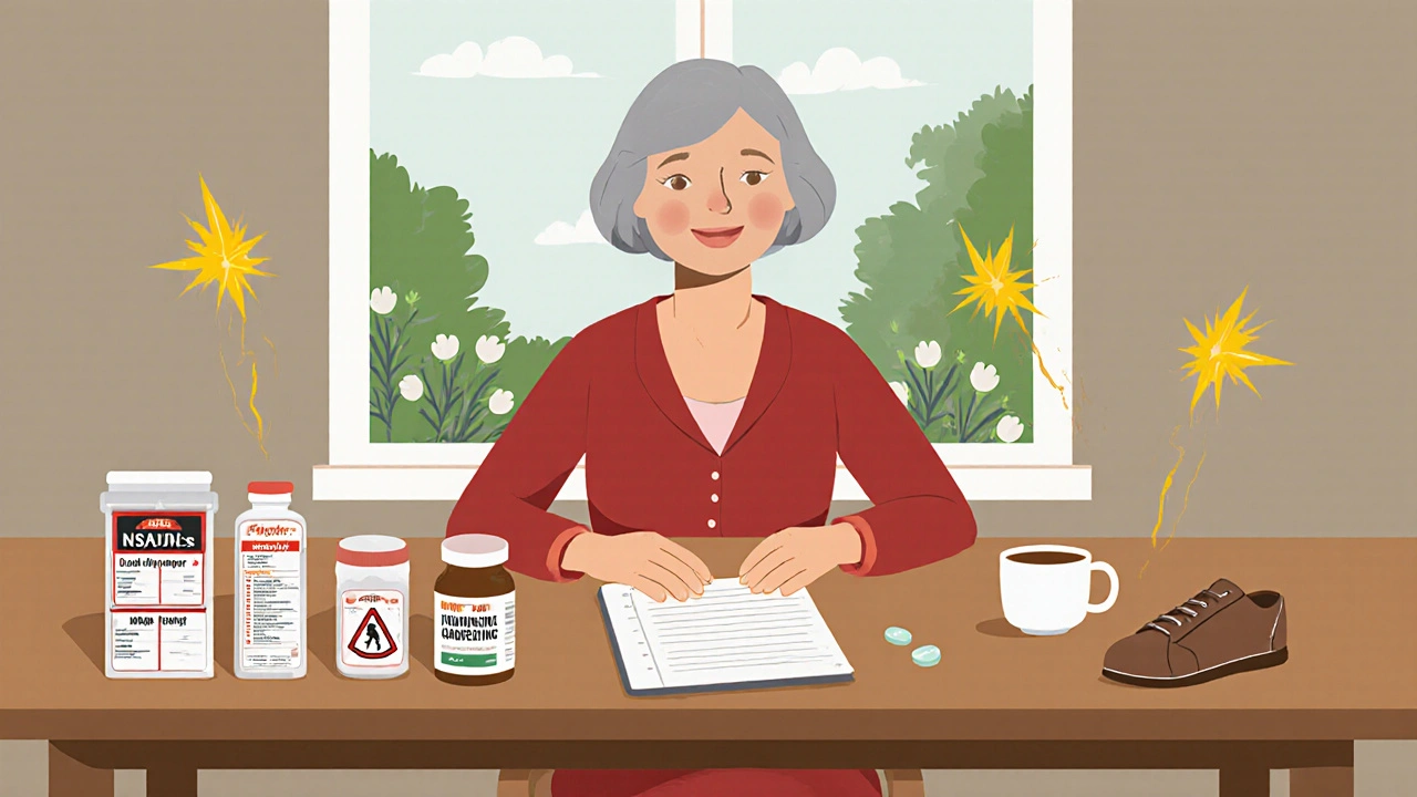 An elderly woman organizes her pills at the kitchen table with healthy alternatives nearby.