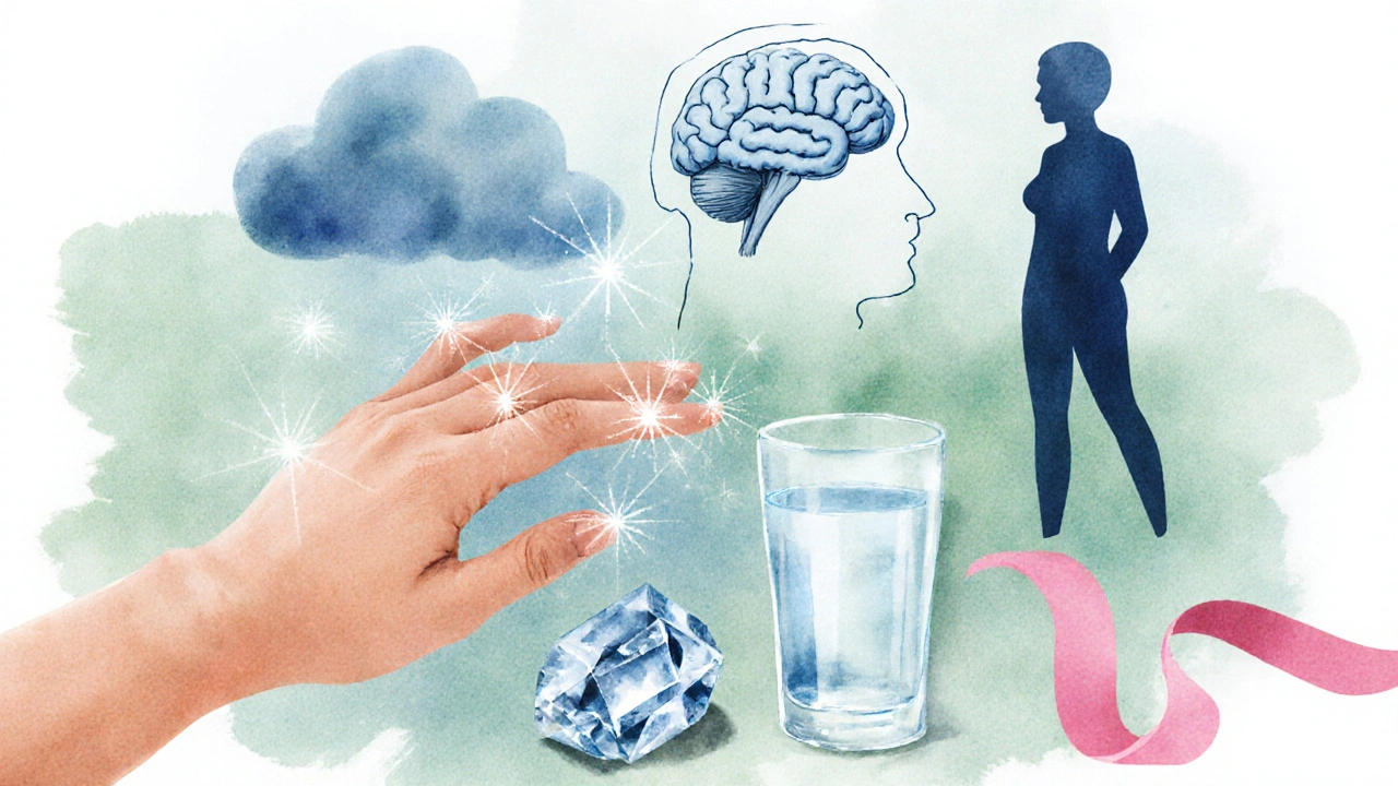 Artistic collage showing tingling hand, weight loss, brain fog, kidney stone, and pregnancy warning.