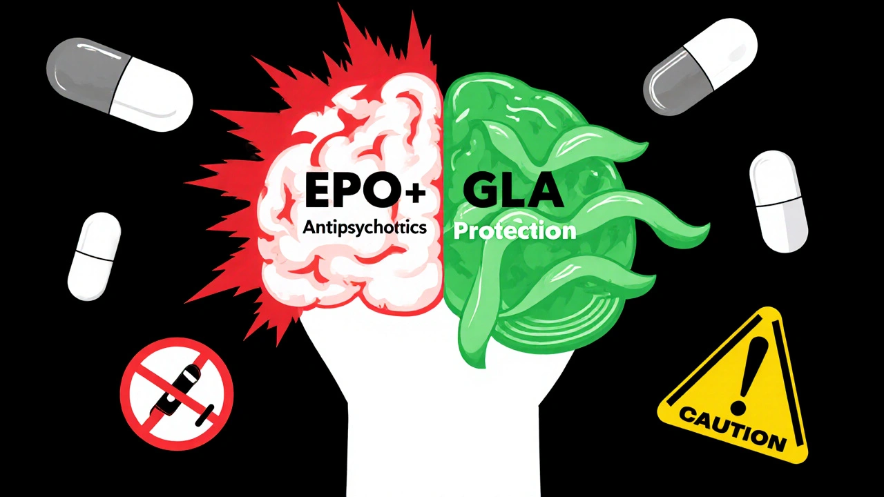 Brain with conflicting red seizure spikes and green protective waves surrounded by medical symbols