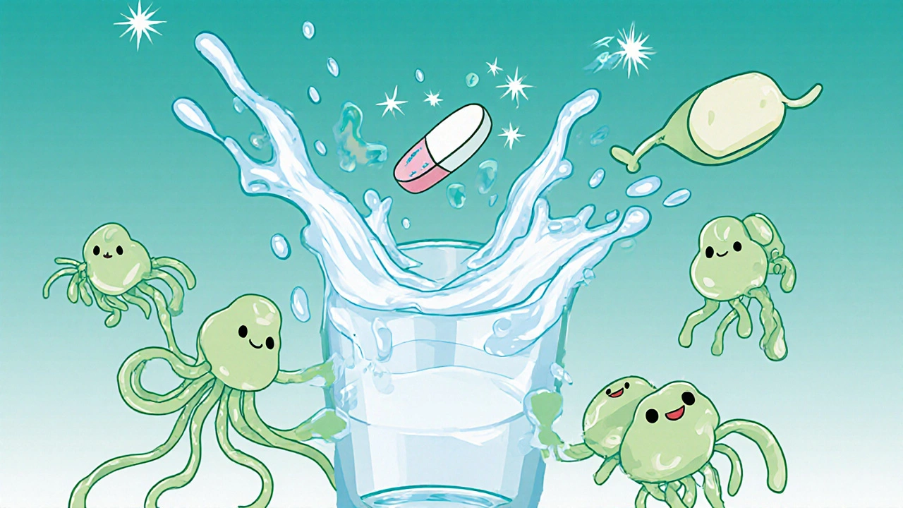 Bromhexine tablet breaking down mucus strands while cilia sweep them upward.