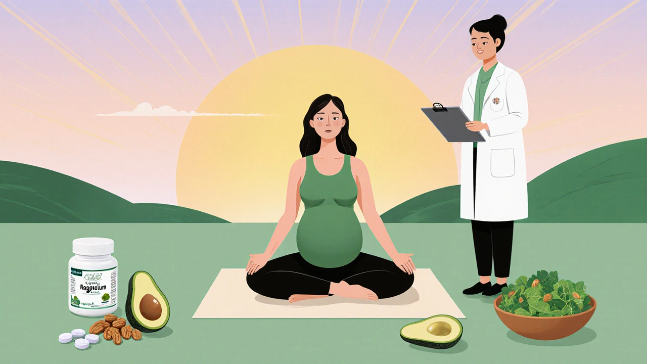 Calm prenatal yoga setting with pregnant woman, healthy foods, doctor, and magnesium supplement.
