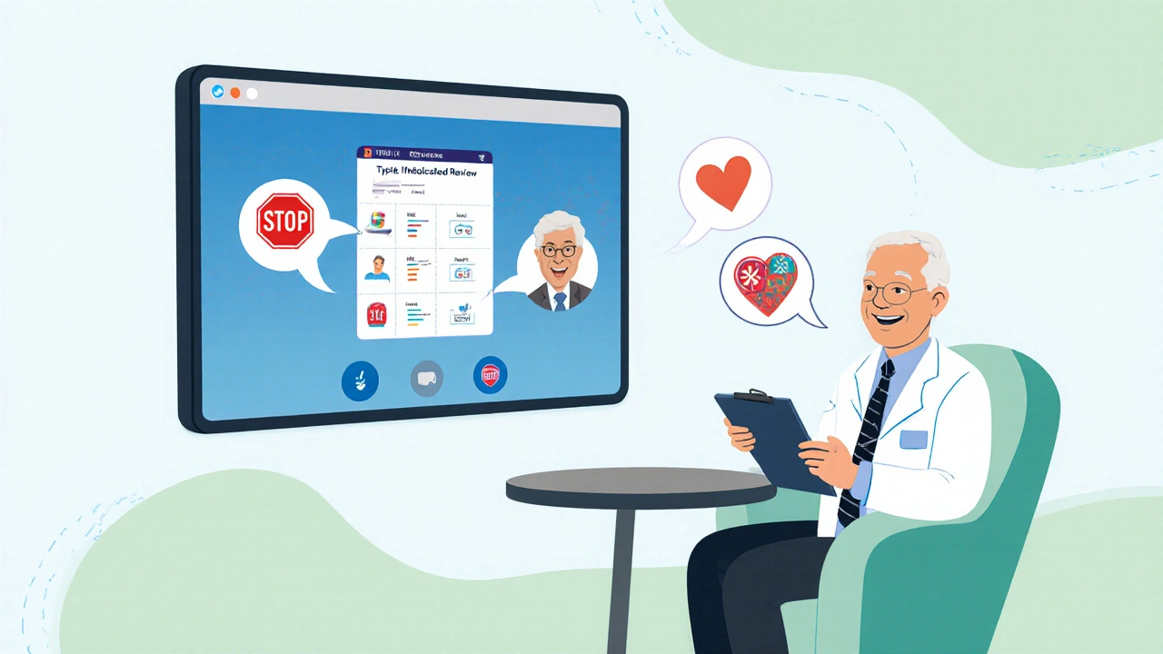 Cartoon of a doctor and pharmacist conducting a video medication review with a senior patient.