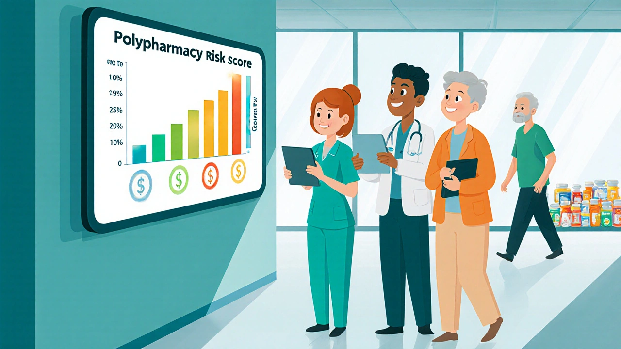 Cartoon of a futuristic clinic showing AI risk scores and happy staff, symbolizing reduced hospitalizations.