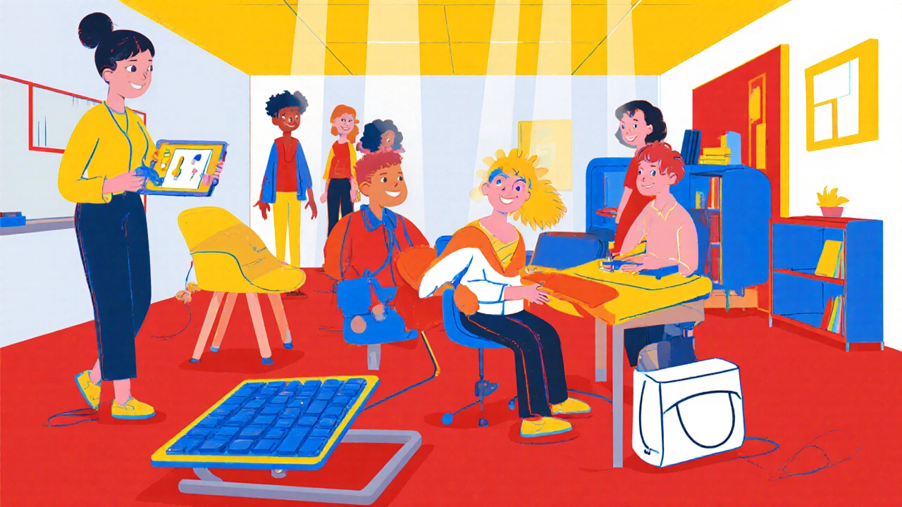 Classroom with adaptive tools: wobble chair, slant board, adaptive keyboard, teacher assisting.