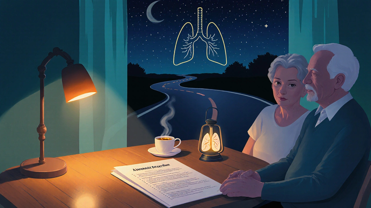 Couple reviewing an advance directive at night, symbolized by a glowing lung lantern.