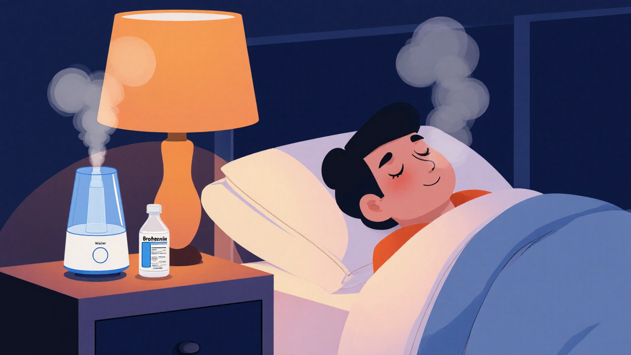 Cozy bedroom at night with humidifier, extra pillow, and bromhexine bottle.