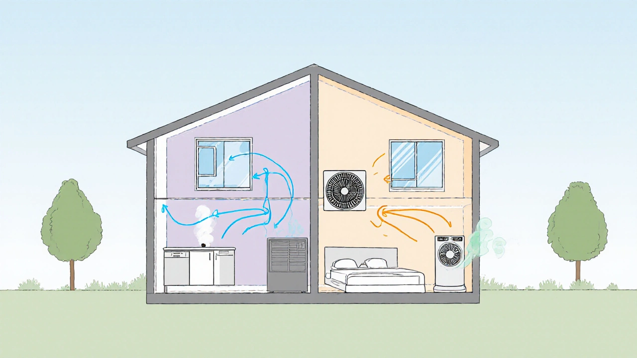 Cut‑away view of a house showing arrows for cross‑ventilation, HRV unit, exhaust fan, and air purifier.