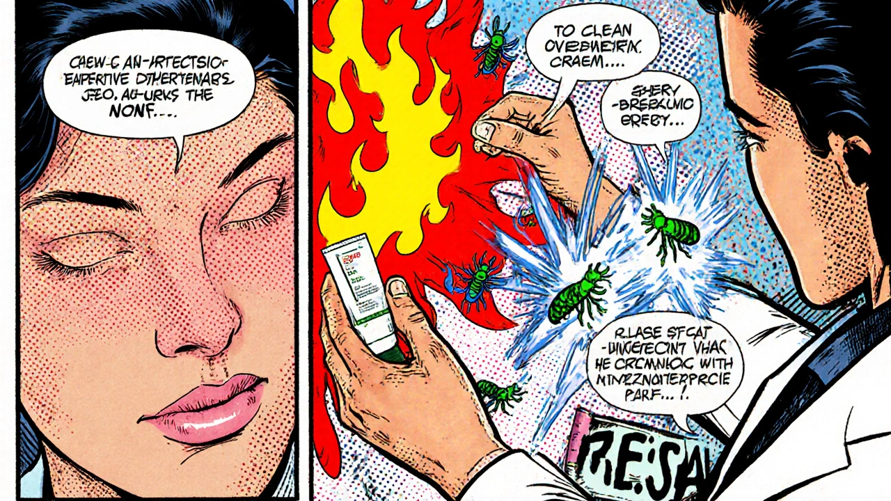 Dermatologist applying ivermectin cream to a rosacea cheek, with cartoon mites being zapped.