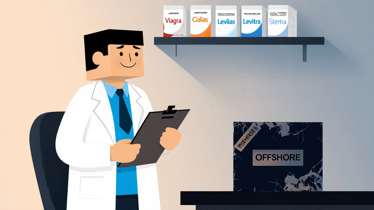 Doctor's office showing approved ED meds and a shady overseas parcel.