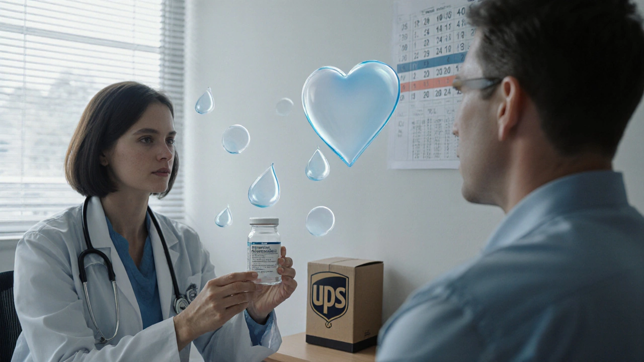Doctor and patient discussing dosage with pill bottle and water‑drop motifs.