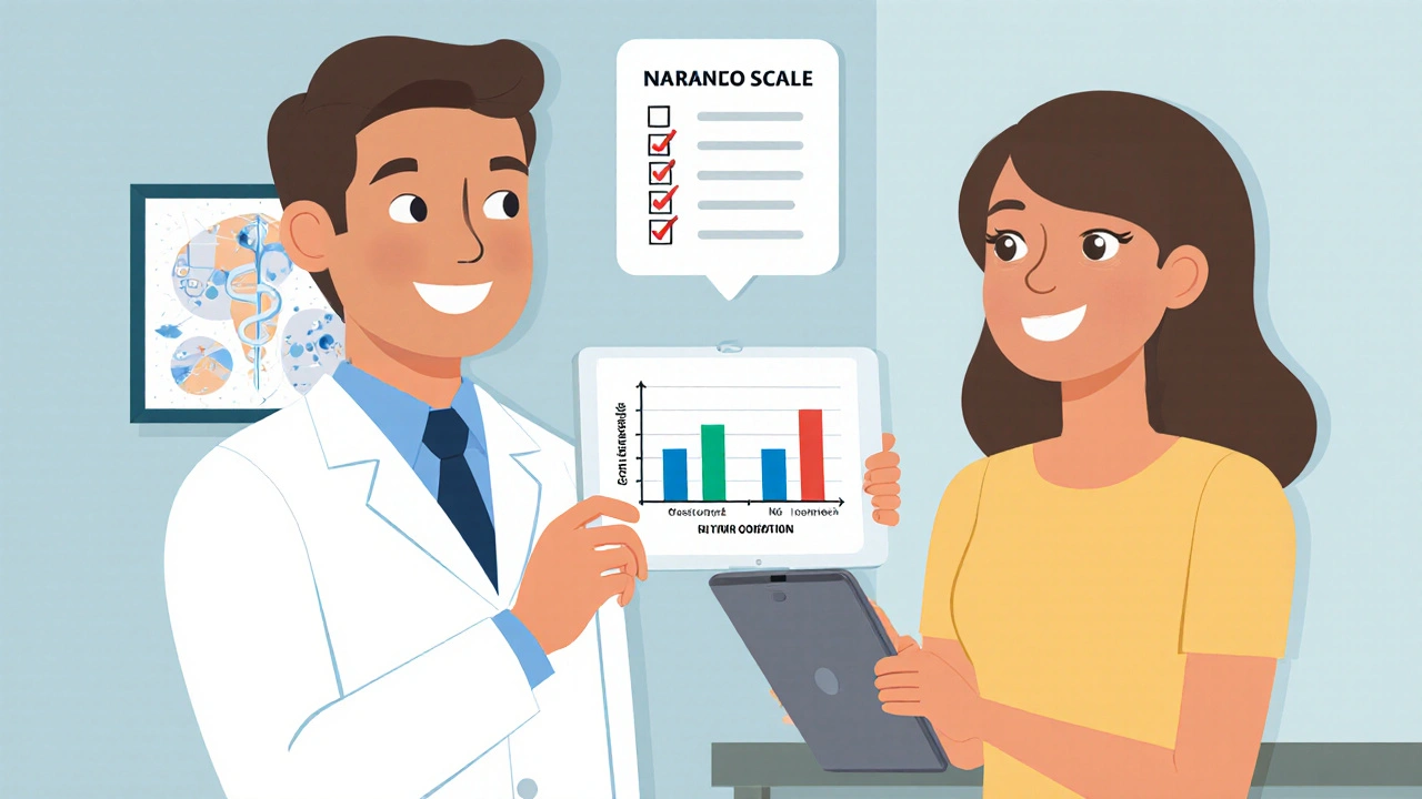 Doctor and patient reviewing a dosage vs symptom graph with a checklist.