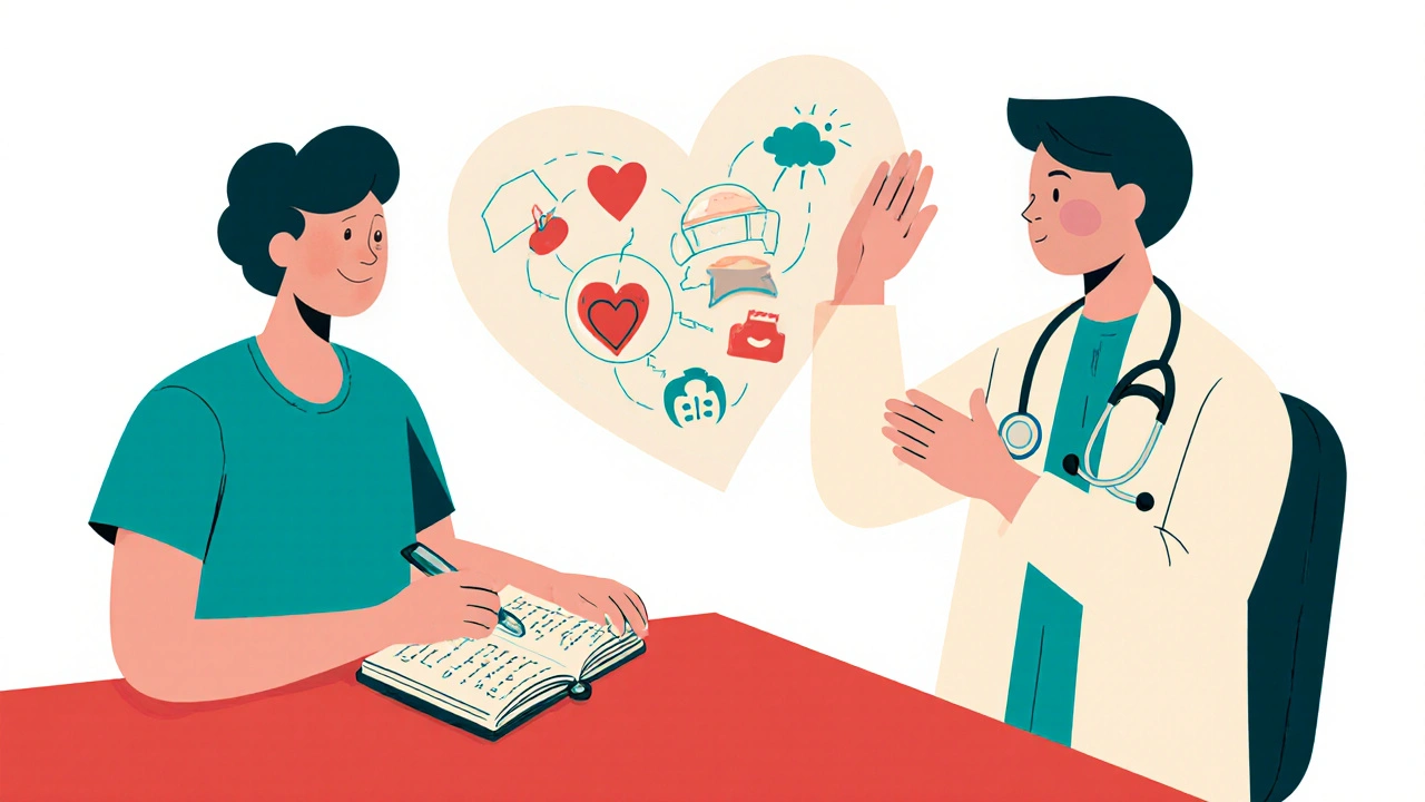 Doctor and patient reviewing a symptom tracker with a visual heart graphic showing improved health over time.