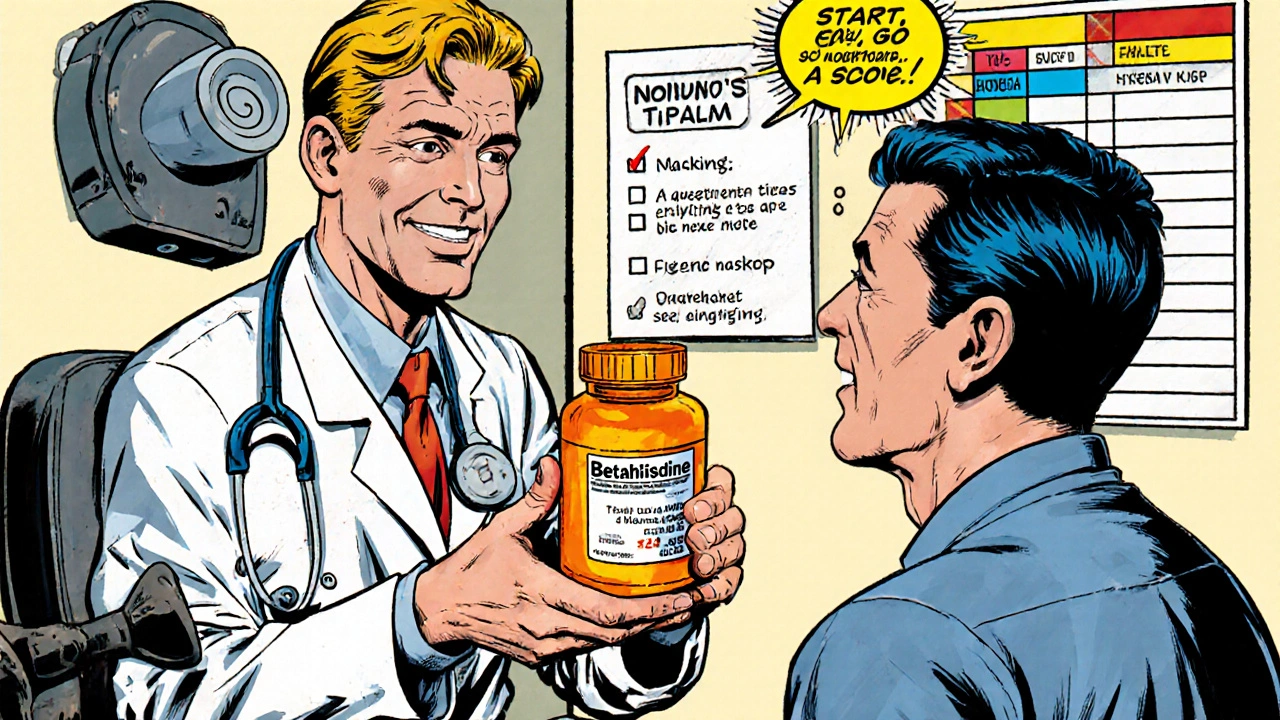 Doctor giving a Betahistine bottle to a patient with sound therapy equipment nearby.