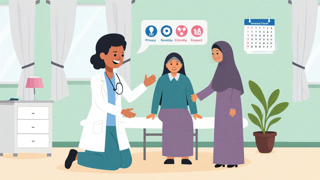 Doctor speaking with patient and caregiver in a private exam room.