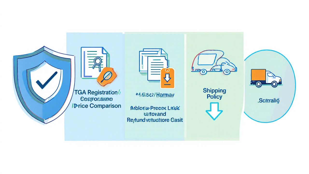 Flat illustration of a five‑step checklist for buying generic Lasix safely.