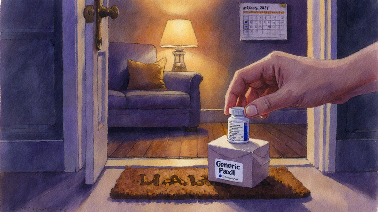 Hand opening a discreet parcel with Paxil bottle beside a calendar reminder.