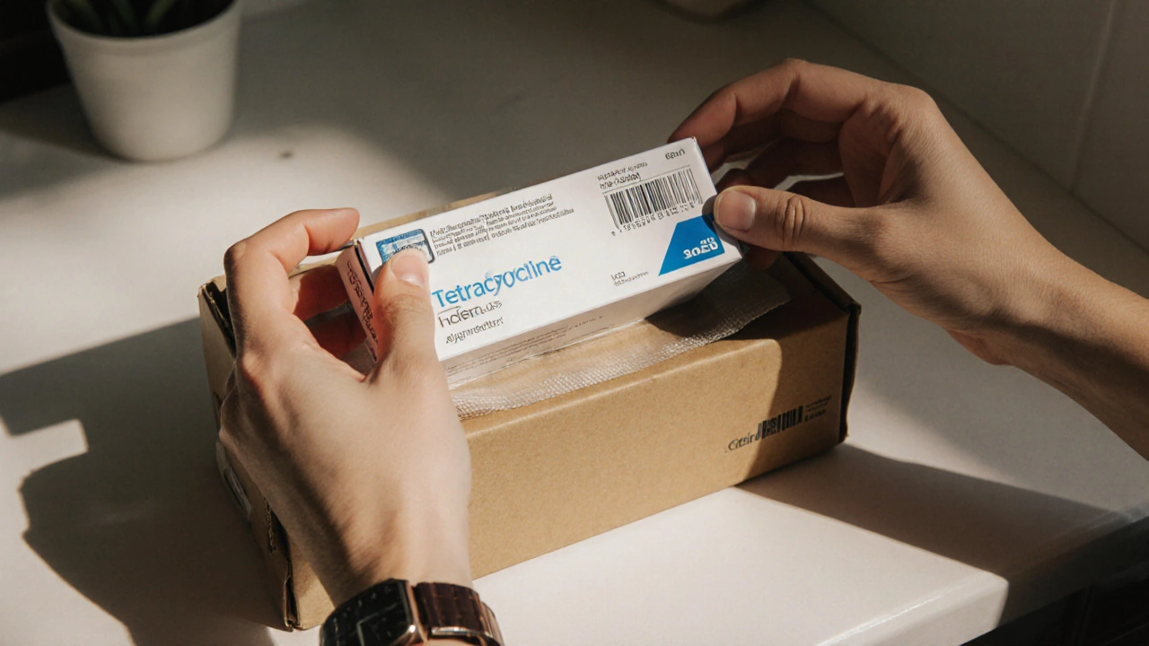 Hands inspecting a sealed delivery box of tetracycline capsules on a counter.