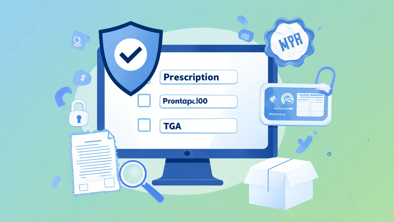Illustrated checklist icons for secure pharmacy verification on a tablet.