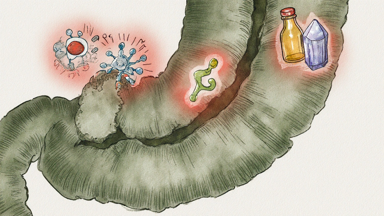 Illustration of colon with flattened villi, immune cells releasing cytokines, and symbols for nutrient deficiencies.