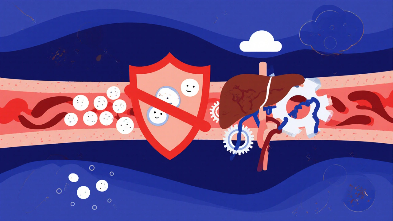 Illustration of platelet block, liver metabolism, and fewer white blood cells.