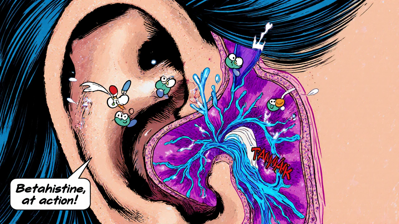 Inner ear cross‑section showing vasodilation with cartoon histamine molecules.