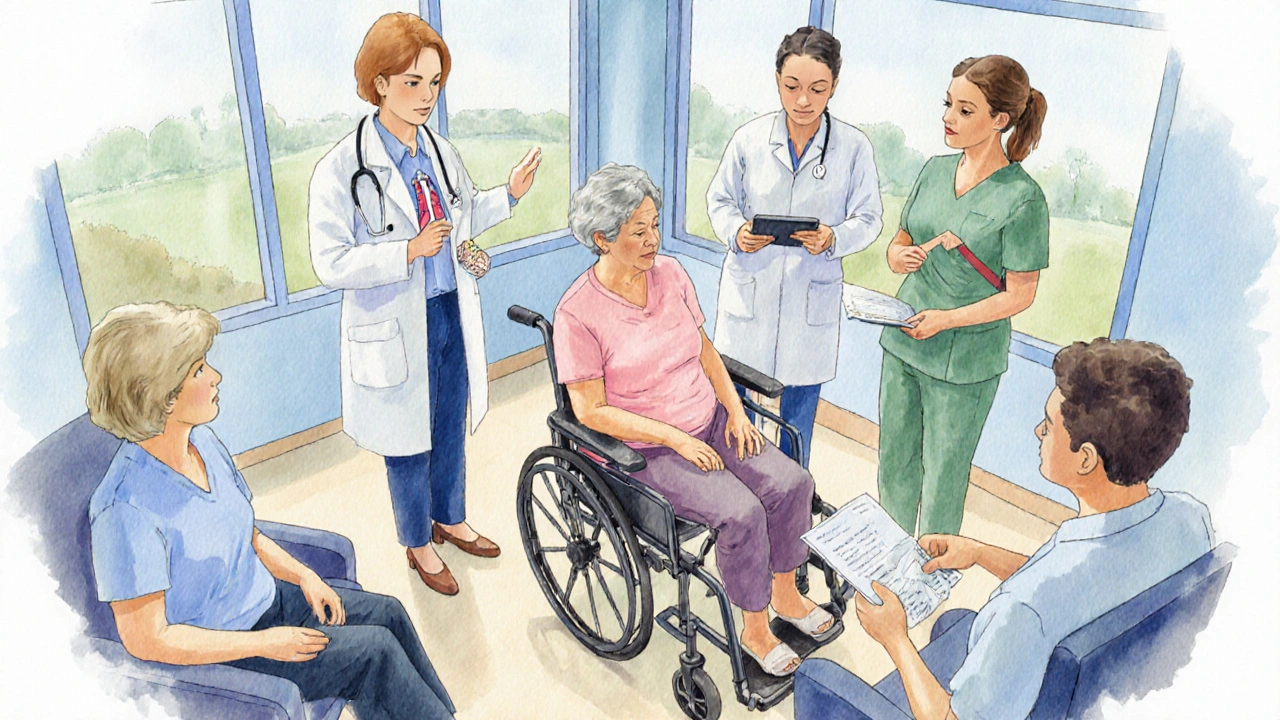 Multidisciplinary palliative team discussing care with a patient in a bright clinic room.