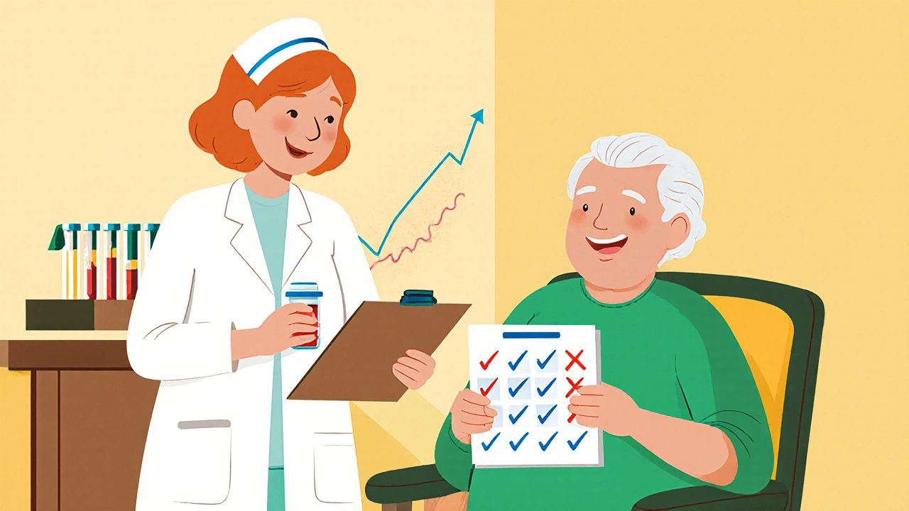 Nurse helping senior monitor blood tests and medication.