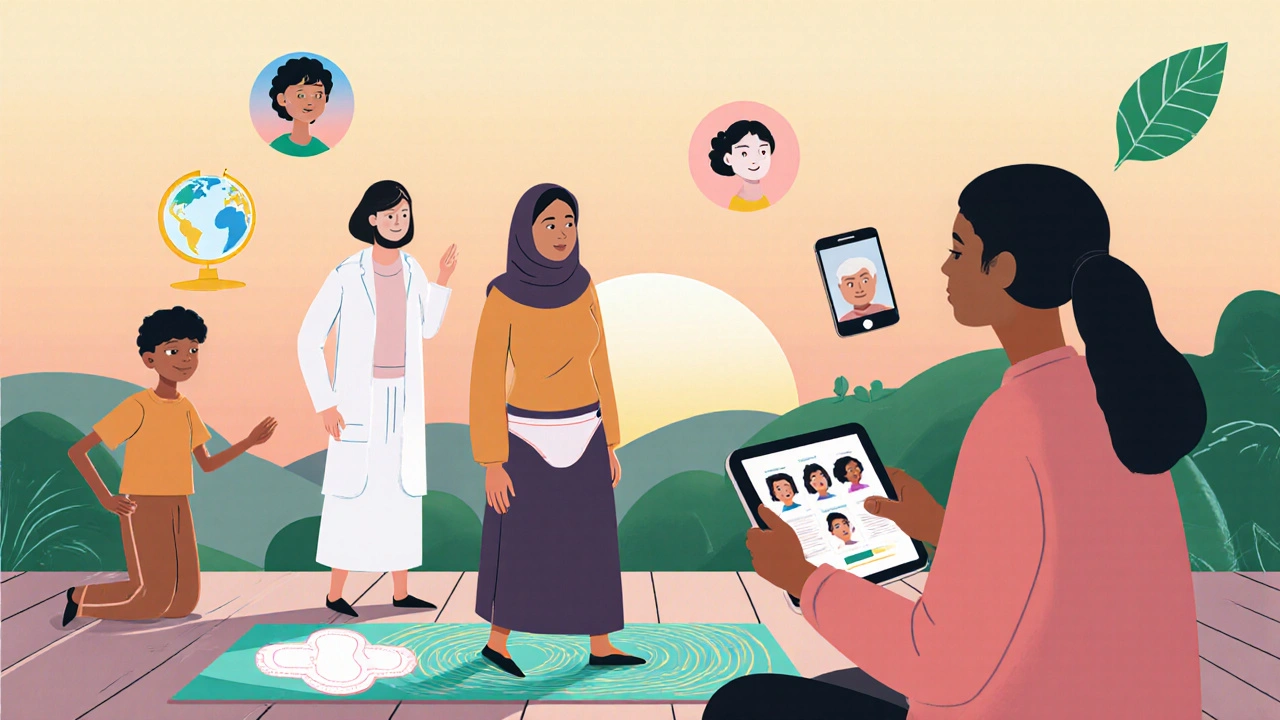 Patient doing pelvic‑floor exercise outdoors with supportive family.