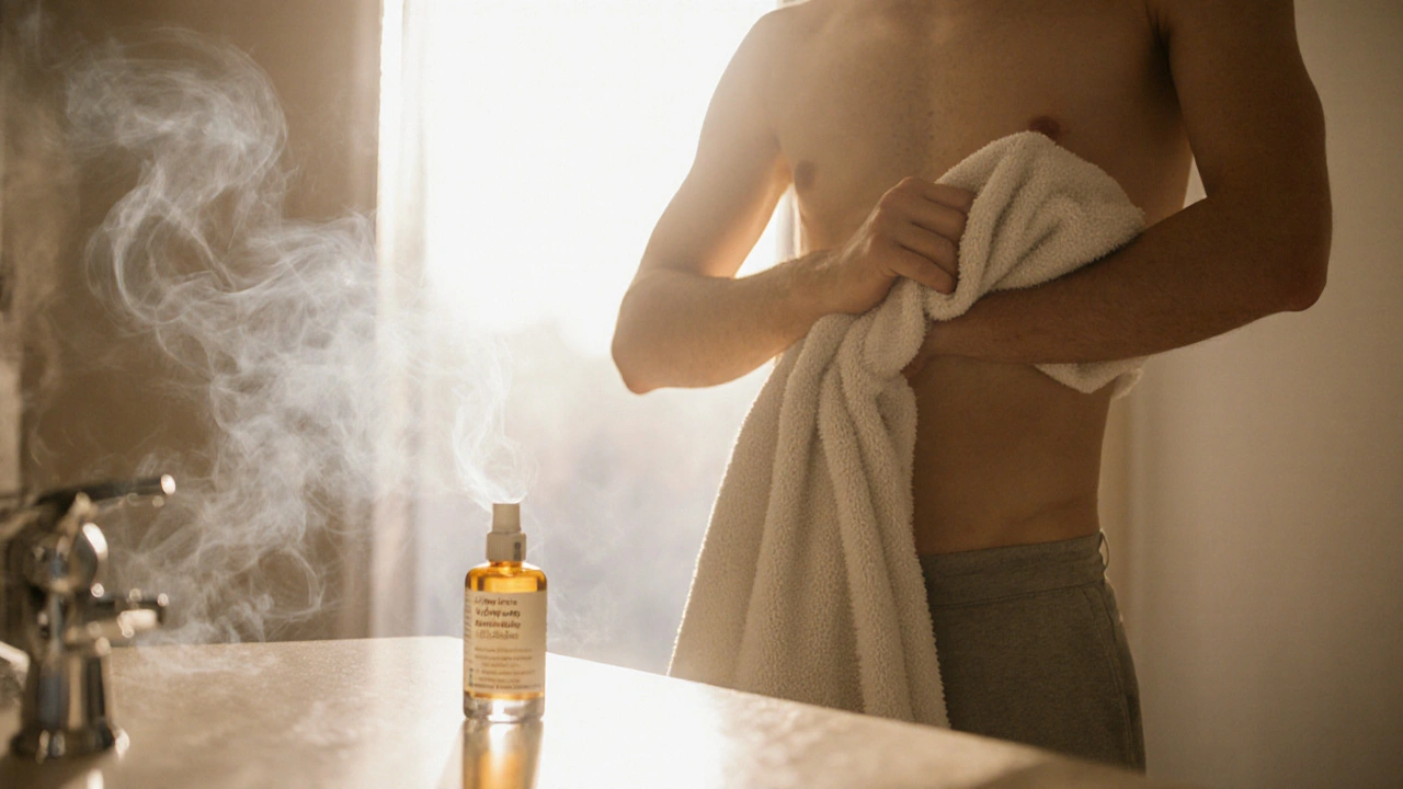 Person drying skin and applying antifungal cream while cigarette smoke fades in the background.