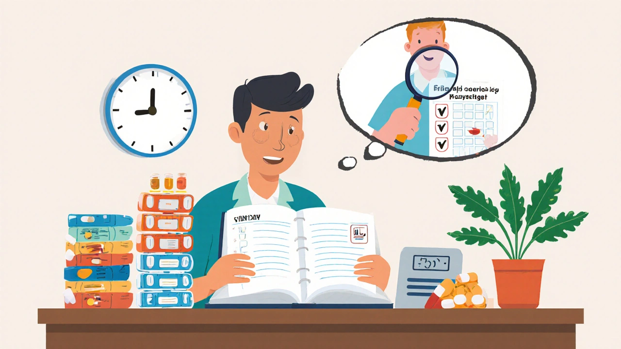 Person looking at a medication diary with many pill bottles and a pharmacist reviewing.