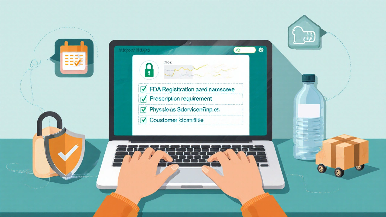 Person ordering medication online with security icons and checklist symbols.