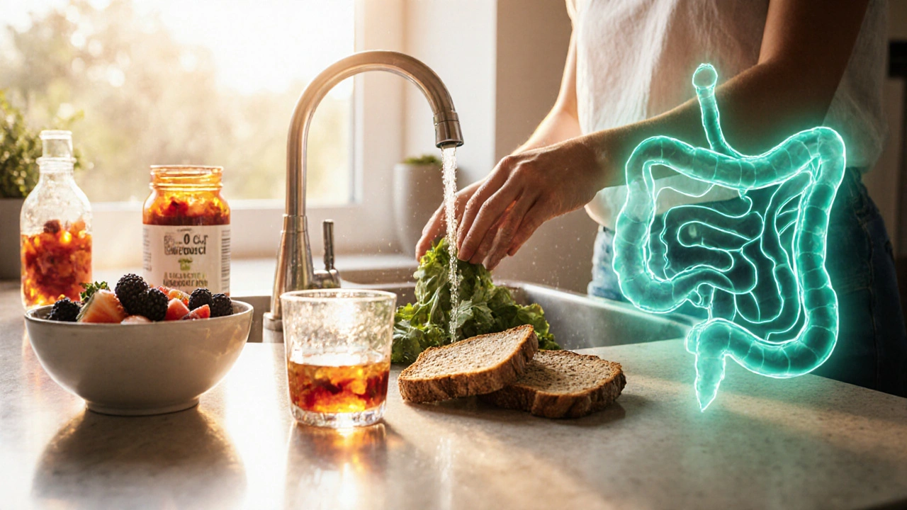Person preparing a fiber‑rich meal with berries, kimchi, water, and probiotics, bathed in warm kitchen light.