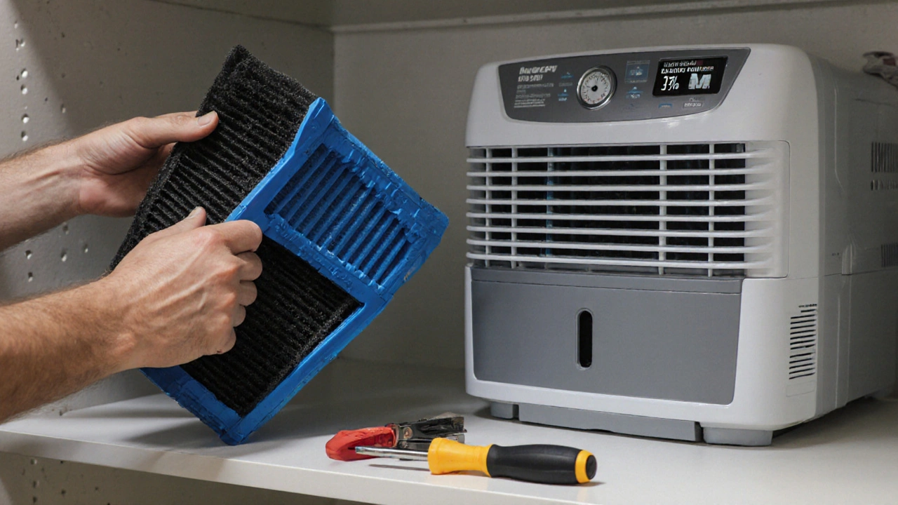 Person replacing an HVAC filter while a dehumidifier runs in the background.