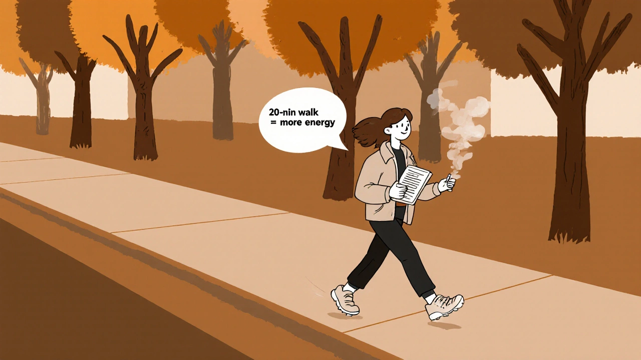 Person walking outdoors with a symptom journal, hands and feet glowing with warmth despite cold weather.