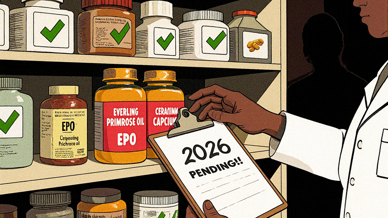 Pharmacy shelf with risky EPO bottles next to safer alternatives under a pending research notice