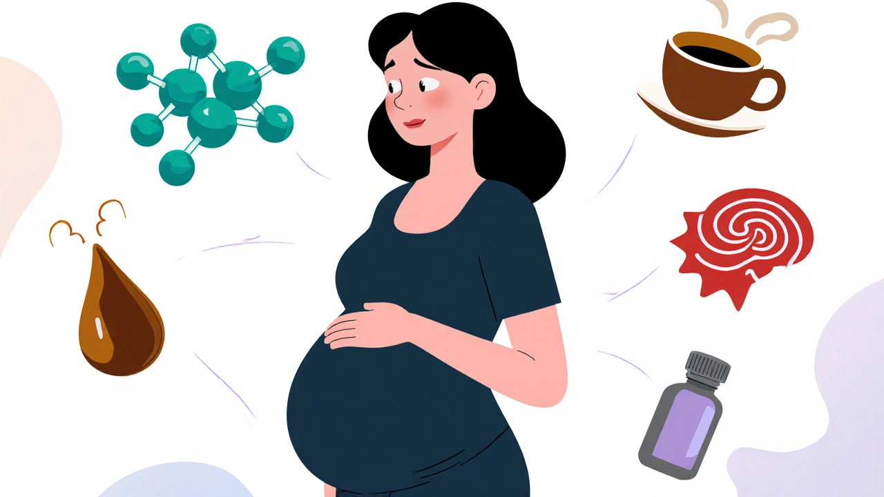 Pregnant silhouette surrounded by icons for hormones, low blood sugar, coffee, anxiety, thyroid, and medication.