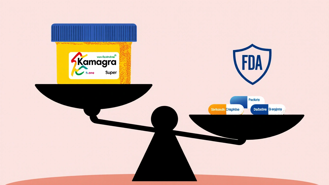 Scale balancing a Kamagra Super tablet against separate sildenafil and dapoxetine pills with a safety shield.