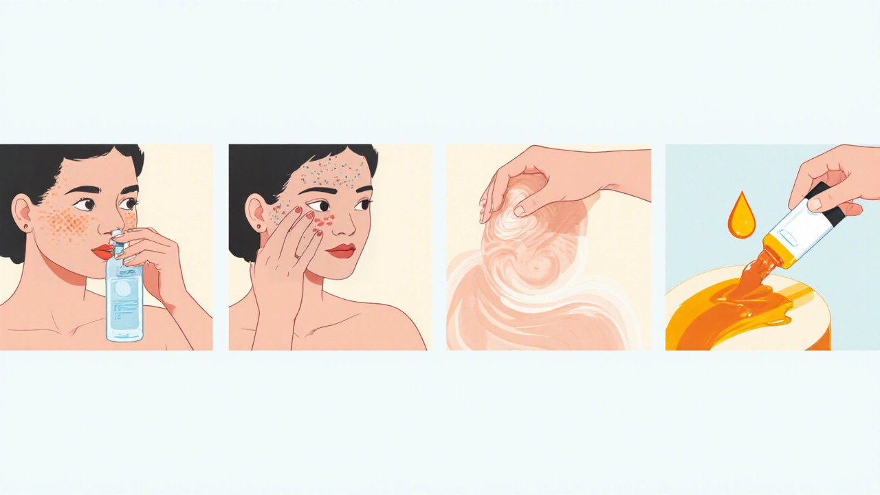 Sequential panels showing toner, vitamin C serum, moisturizer, and sunscreen application.