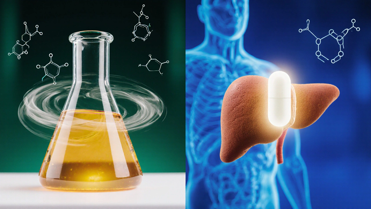 Split‑screen lab view of Liv.52 and Milk Thistle beside liver models.