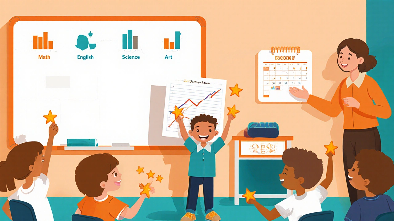 Student proudly showing worksheet, classmates with stars, progress chart on board.