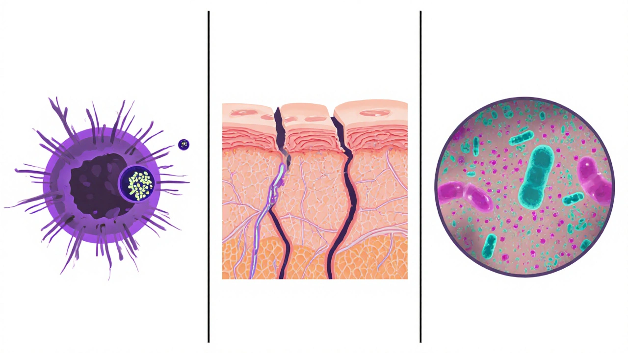 Three‑panel medical illustration of immune suppression, skin barrier damage, and microbiome loss leading to candida.