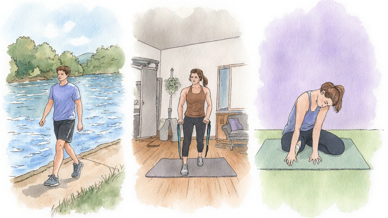 Three panels: walking, resistance‑band training, and yoga stretch for gout‑friendly exercise.