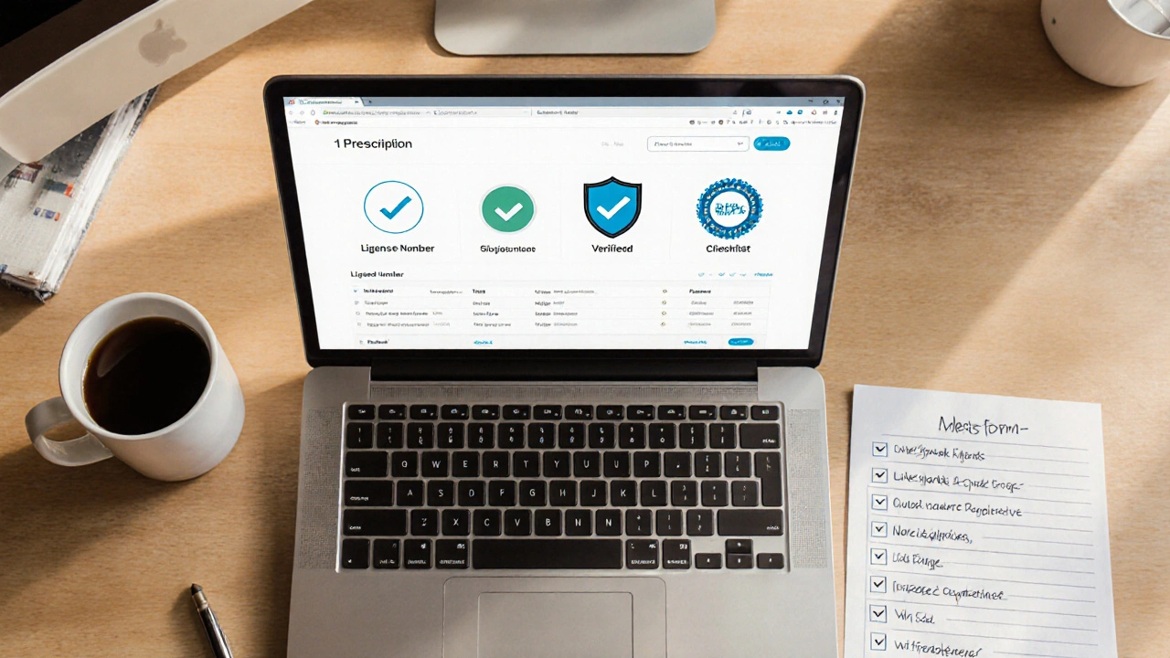 Top view of a laptop showing pharmacy icons and a checklist on a tidy desk.