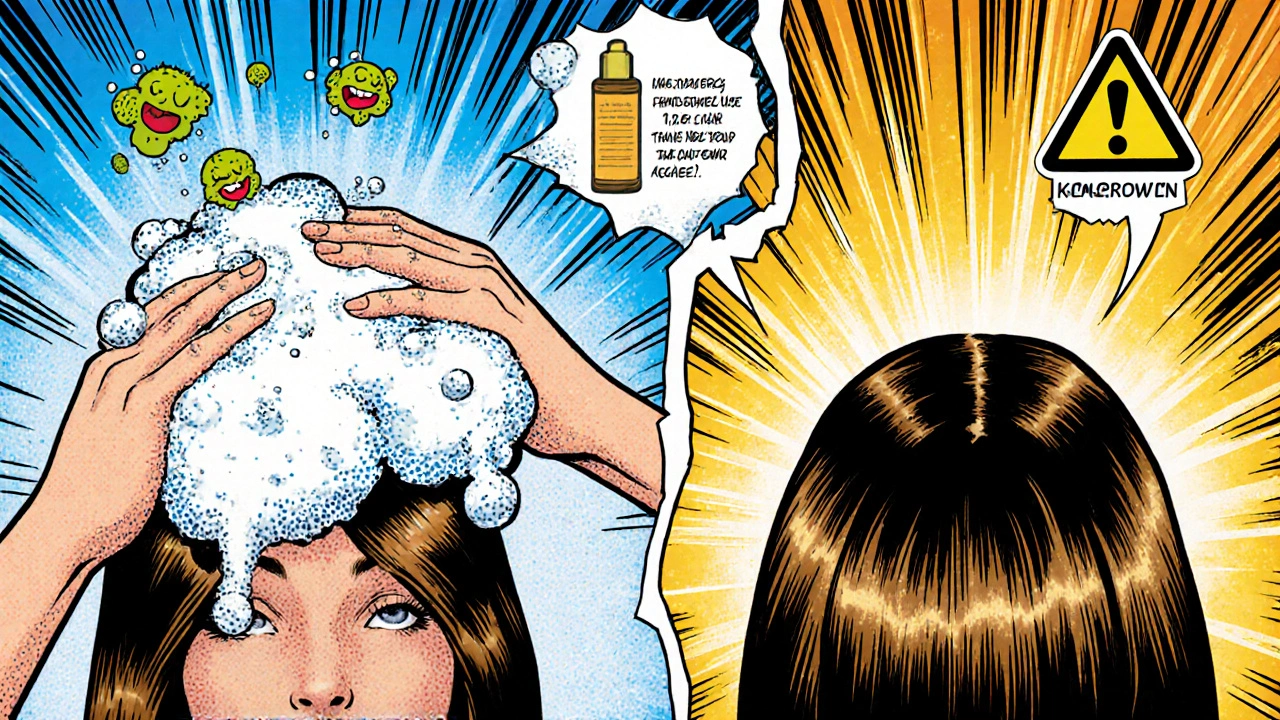 User spraying ivermectin foam on a flaky scalp, dandruff and fungi cartoon villains fleeing.