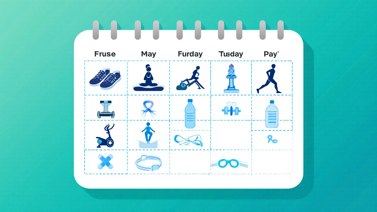 Weekly calendar showing activity icons—walk, bands, yoga, swim, rest—with a water bottle.