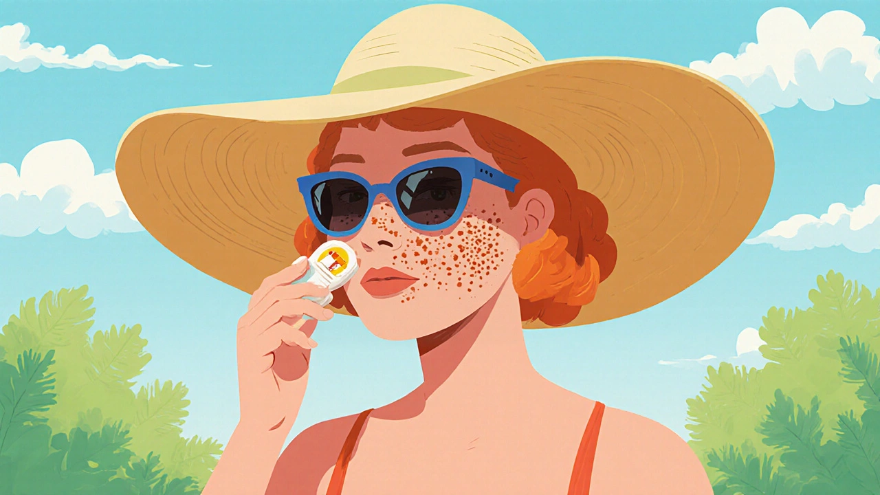 Woman with freckles outdoors wearing a hat, applying sunscreen under sunny sky.