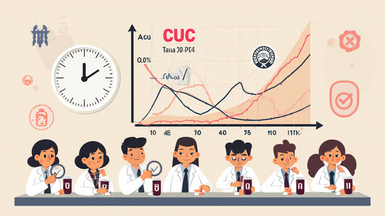 24 volunteers in a clinical trial with animated graph displaying bioequivalence within 80-125% range.