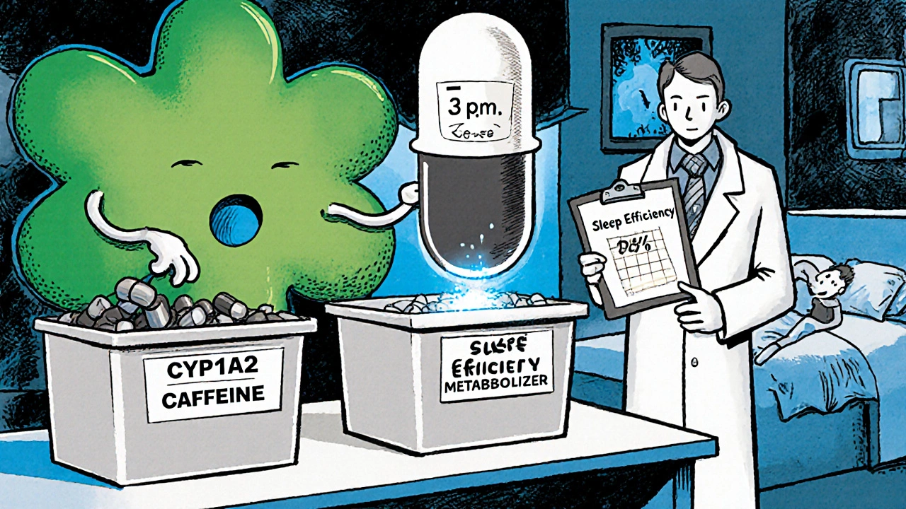 A cartoon gene sorting caffeine capsules into fast and slow metabolizer bins.